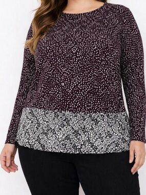 J. Jill top blouse paisley print marron gray long sleeve crew neck boxy SZ XL